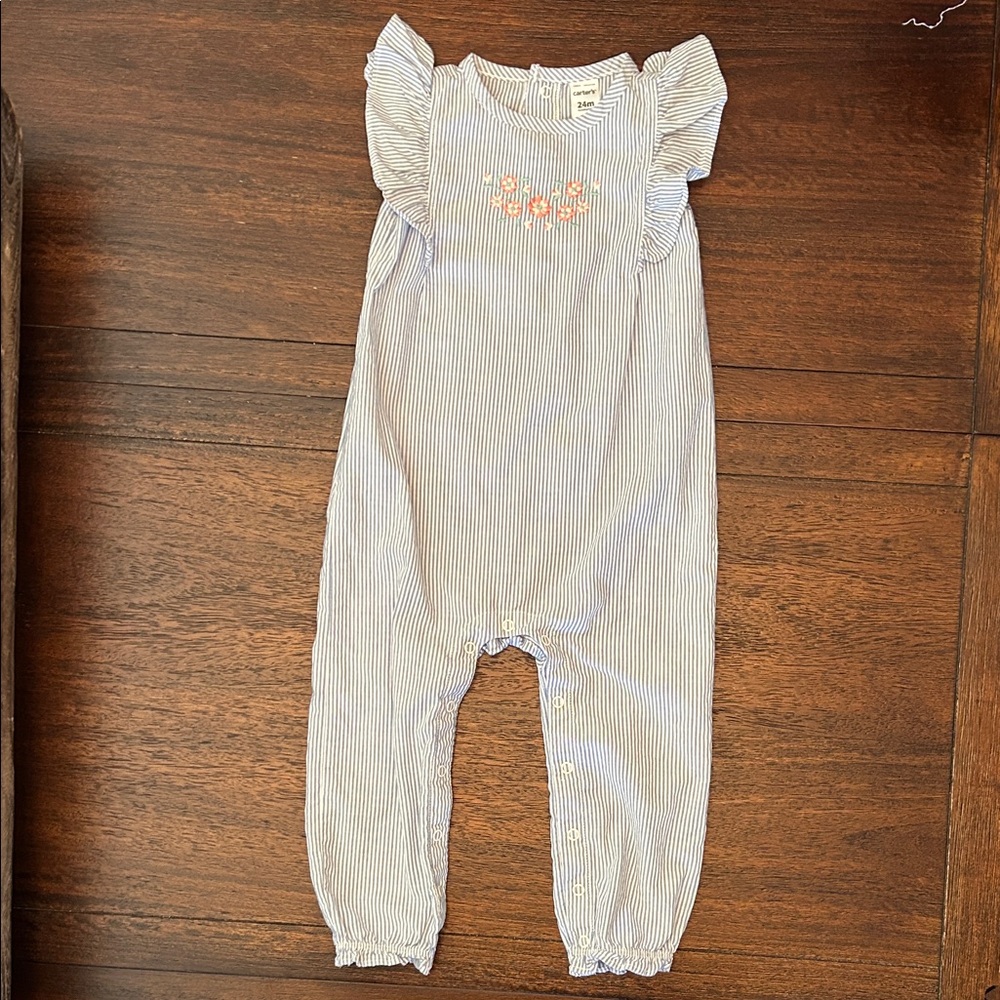Carter’s Striped Blue Jumpsuit With Embroidered Flowers